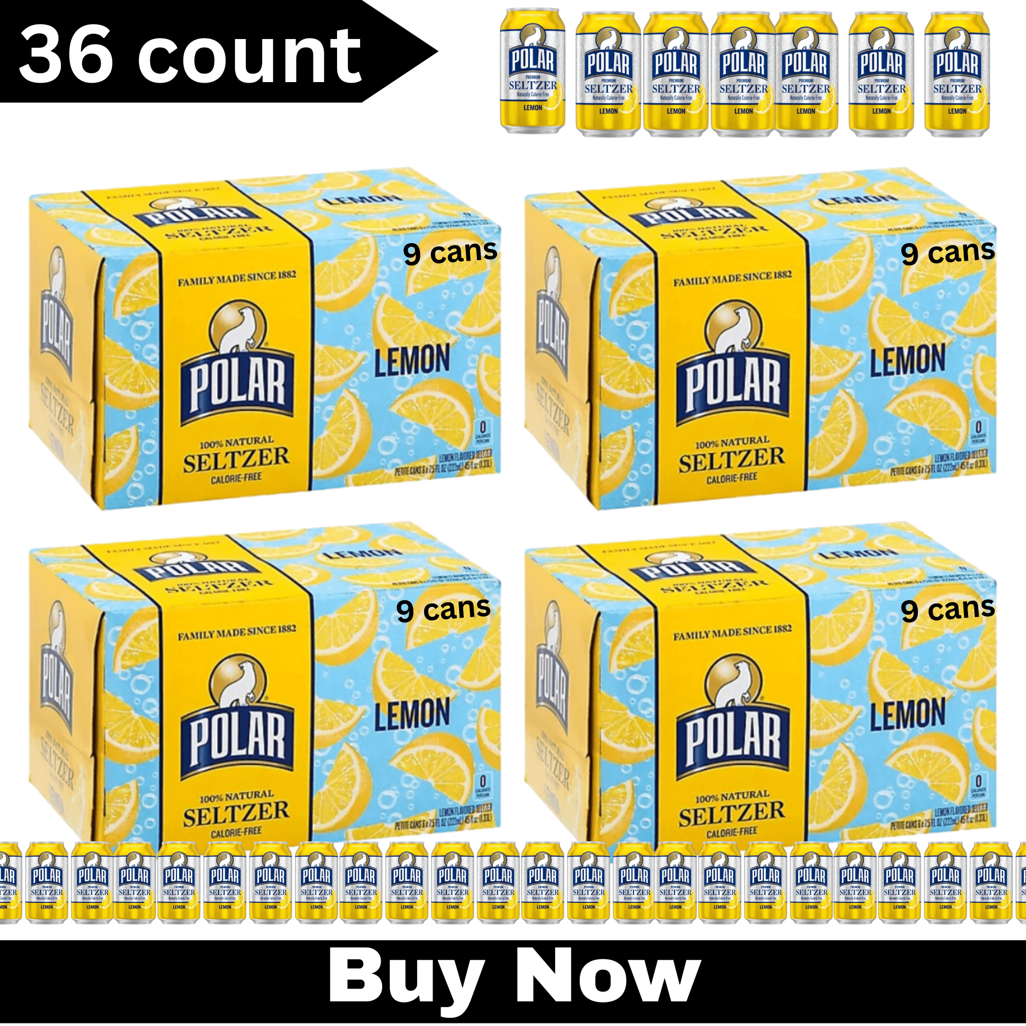 Polar Lemon Premium Seltzer – 12 fl oz Cans, 36 Pack – Crisp & Refreshing Sparkling Water