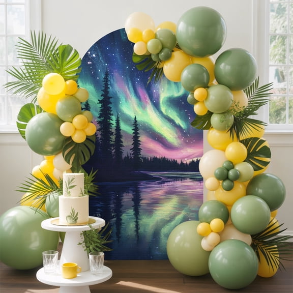 Polar Lights Arch Backdrop Cover, 4FT, Lake Reflection Landscape Nature Forest Spandex Arch Covers Double-Sided Backdrop for Wedding Birthday Party Photo Background Decoration