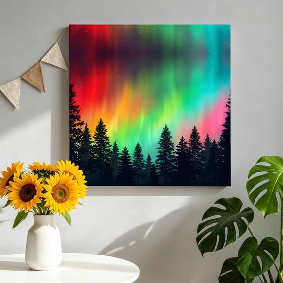 Polar Lights Canvas Wall Art, Nature Forest Dreamy Sky Pine Trees Pictures Wall Decor Wooden Framed Artwork Art Prints for Living Room Hallway Bedroom Office 8"x8"