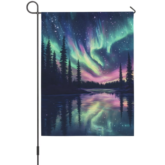 Polar Lights House Flag 28 x 40 Inches, Lake Reflection Landscape Nature Forest Weather Proof Outdoor Patio Flags Double Sided Small House Decoration for Yard Lawn Outside Home