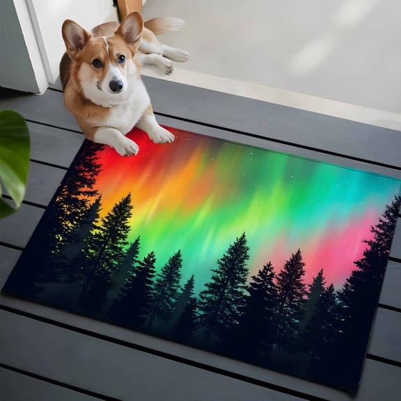 Polar Lights Small Area Rugs 2x3 Nature Forest Dreamy Sky Pine Trees Entryway Rugs Washable Door Mat, Low-Profile Area Rugs Non Slip Floor Carpet for Living Room Bedroom Home Office