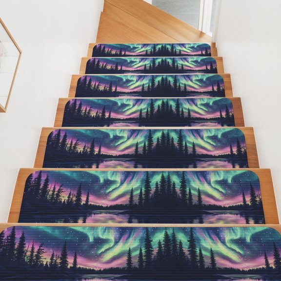 Polar Lights Stair Treads Non Slip for Steps Lake Reflection Landscape Nature Forest 7 Pcs Reusable Adhesive Stair Runner Mats for Dogs Elders Carpet Treads Rugs for Staircase 8x30 In