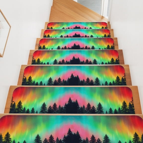 Polar Lights Stair Treads Non Slip for Steps Nature Forest Dreamy Sky Pine Trees 4 Pcs Reusable Adhesive Stair Runner Mats for Dogs Elders Carpet Treads Rugs for Staircase 8x30 In
