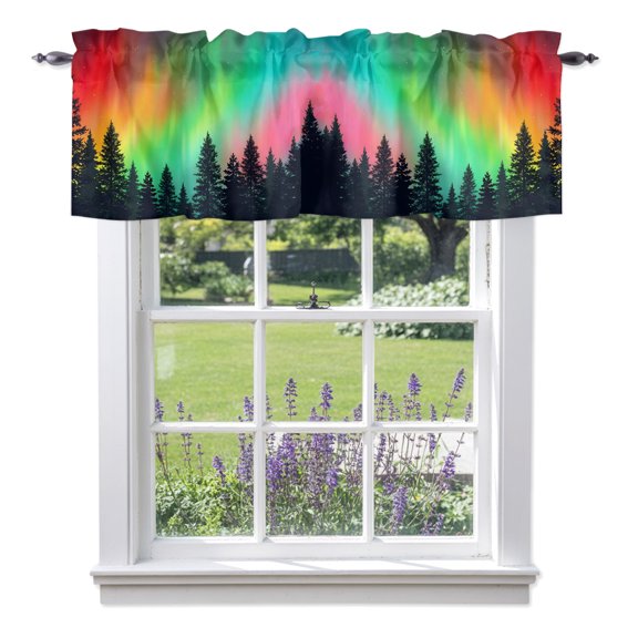 Polar Lights Valances for Windows, Nature Forest Dreamy Sky Pine Trees Rod Pocket Valance Short Window Treatments Curtains for Kitchen Bathroom Bedroom Decor, 42 x 12 Inches