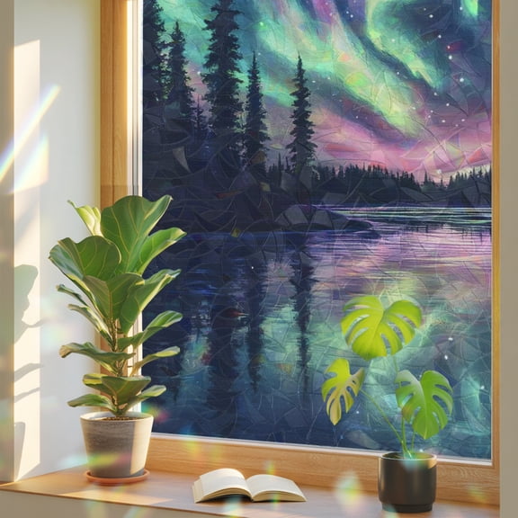 Polar Lights Window Privacy Film, Lake Reflection Landscape Nature Forest Stained Glass Rainbow Film Decorative Window Clings, Static Cling Sun Blocking Stickers 23.6" x 59"