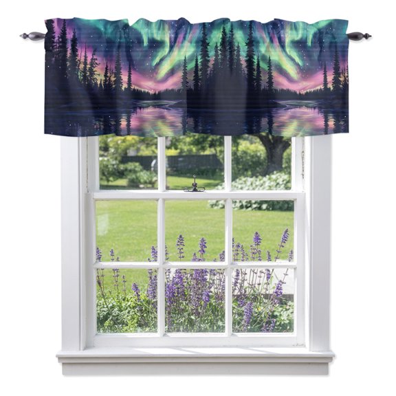Polar Lights Window Valance for Kitchen, Lake Reflection Landscape Nature Forest Rod Pocket Short Curtains for Bathroom Bedroom Small Window, Light Filtering Decorative Valances, 42 x 12 Inches