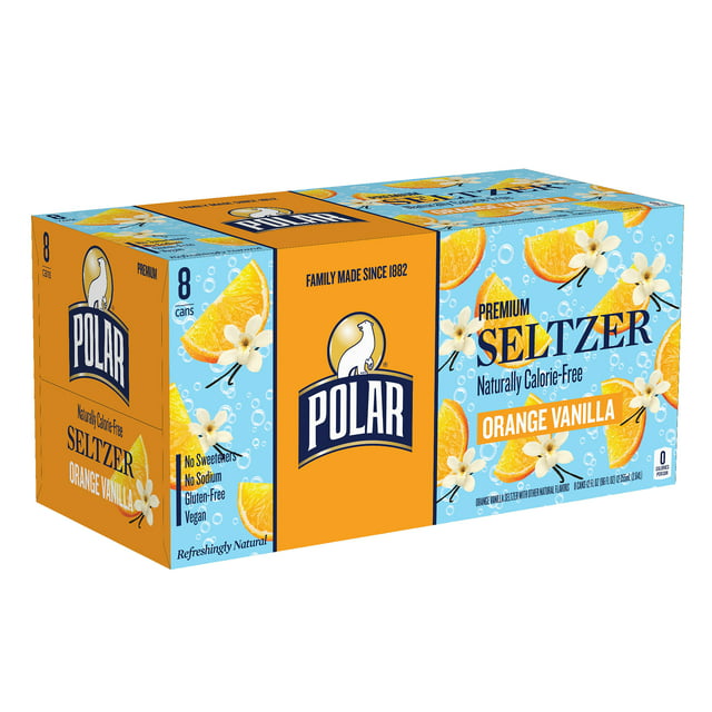 Polar Orange Vanilla Sparkling Seltzer Water, 12 fl oz, 8 pack cans