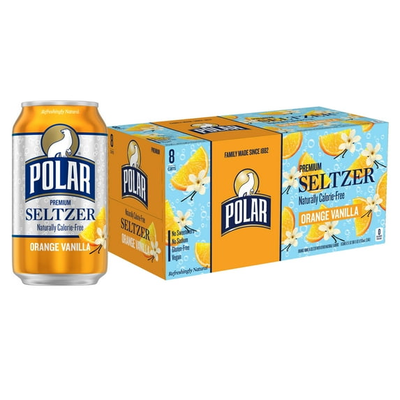 Polar Zero Calorie Orange Vanilla Sparkling Seltzer Water, 12 fl oz, 8 Pack Cans