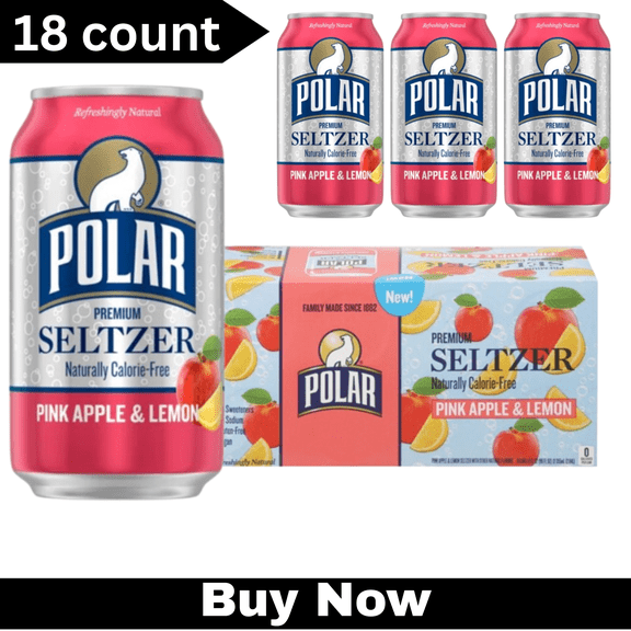 Polar Premium Seltzer Crisp Pink Apple & Zesty Lemon  12 fl oz Cans, 18 Pack  Refreshing Sparkling Water