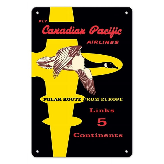 Polar Route from Europe - Fly Canadian Pacific Airlines - Links 5 Continents - Vintage Airline Travel Poster c.1950s - 8 x 12 inch Vintage Metal Tin Sign