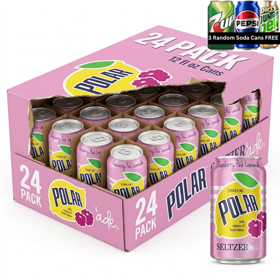 Polar Seltzer'Ade Raspberry Pink Lemonade Sparkling Water, 12 oz Cans, 24 Pack+Free3 Soda Can