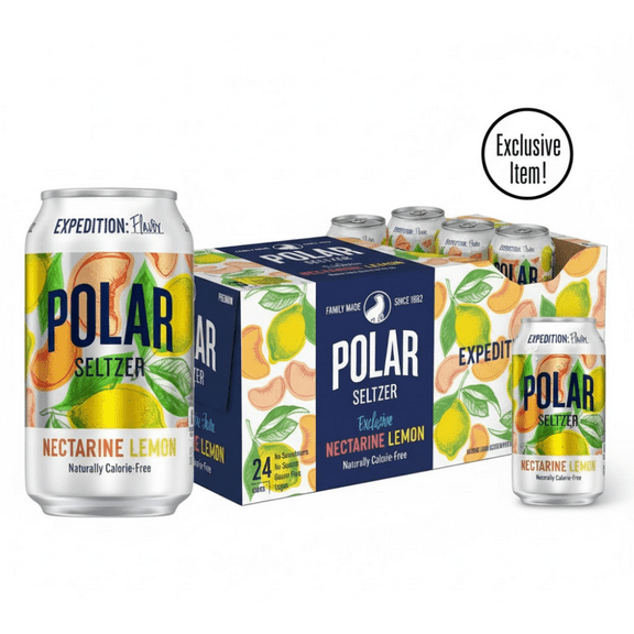 Polar Seltzer Nectarine Lemon, 12 fl oz Cans, 24 Pack 100% Natural Sparkling Water
