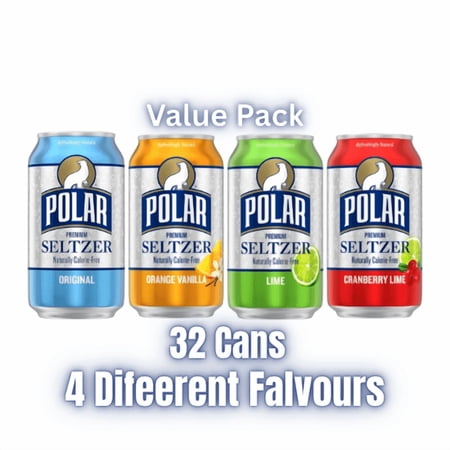 Polar Seltzer Variety Pack, 12 fl oz Cans, 32 Pack – 4 Flavors (8 Cans Each), Calorie-Free Sparkling Water with Natural Flavors
