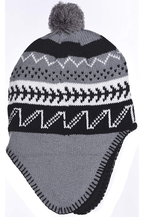 Polar Wear Boys Micro-Fleece Lined Knit Hat with Ear Flaps & Pom Top in 3 Colors