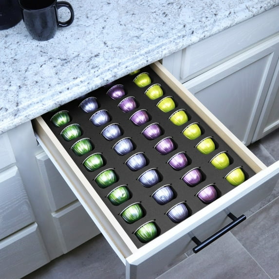 Polar Whale Coffee Espresso Capsule Drawer Organizer Tray Insert Compatible with Nespresso Vertuo VertuoLine for Kitchen Home Office Waterproof Washable Black Foam 36 Compartment 12.6 X 17.9 Inches