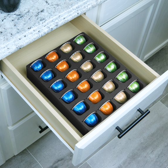 Polar Whale Coffee Espresso Capsule Drawer Organizer Tray Insert Compatible with Nespresso Vertuo VertuoLine for Kitchen Home Office Waterproof Washable Black Foam 24 Compartment 10 x 12 inches