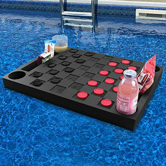 Polar Whale Floating Checkerboard Table Drink Holder for Swimming Pool or Beach Party Float Lounge Refreshment Durable Black Foam UV Resistant with Cup Holders 2 Feet Wide Includes Checkers