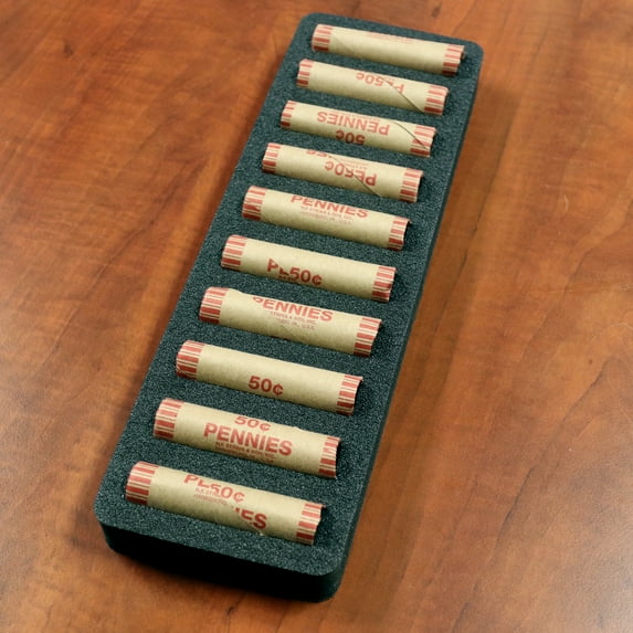 Polar Whale Rolled Coin Storage Organizer Tray Slim Holds Pennies Holder for Office or Home Waterproof Washable 1 Inches Thick Foam 10 Compartments for 10 Rolls Penny Black