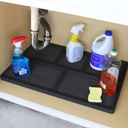 Polar Whale Under Sink Cabinet Mat Floor Protector Tray Waterproof Washable Protection Kitchen or Bathroom Drip Spill Durable Black Foam Odorless Flexible Leak Liner 28 x 19 Inches