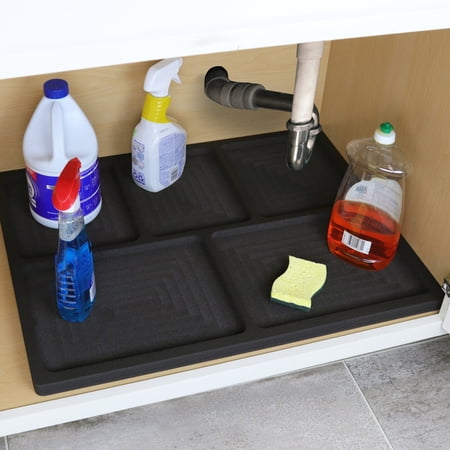 Polar Whale Under Sink Cabinet Mat Floor Protector Tray Waterproof Washable Protection Kitchen or Bathroom Drip Spill Durable Black Foam Odorless Flexible Leak Liner 28 x 22 Inches