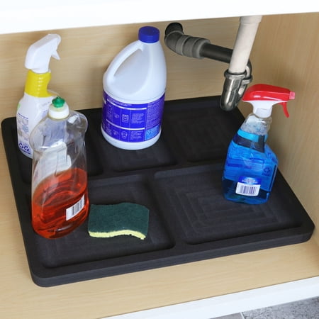 Polar Whale Under Sink Cabinet Mat Floor Protector Tray Waterproof Washable Protection Kitchen or Bathroom Drip Spill Durable Black Foam Odorless Flexible Leak Liner 22 x 19 Inches