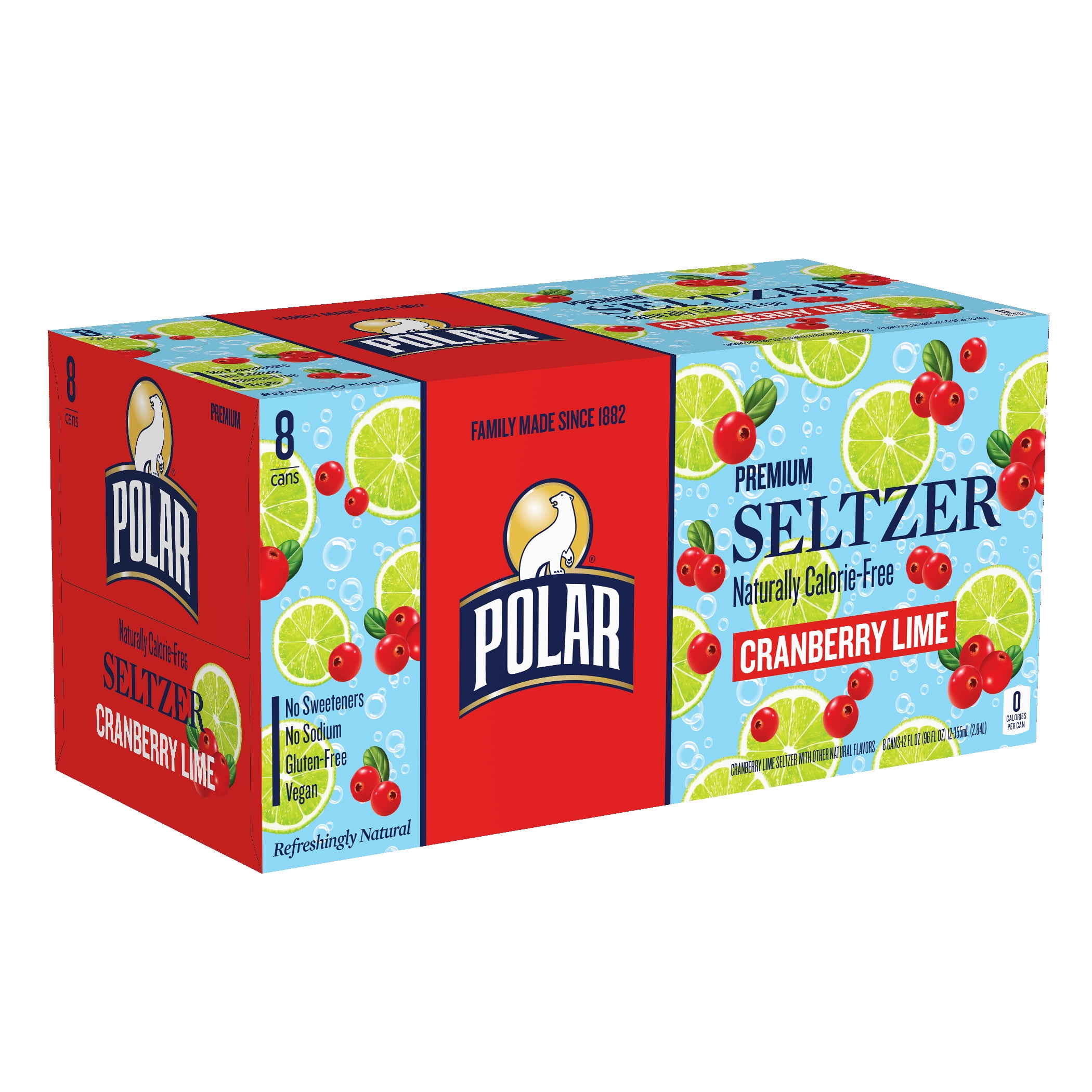 Polar SugarFree Carbonated Cranberry Lime Sparkling Seltzer Water, 12 fl oz, 8 Pack Cans