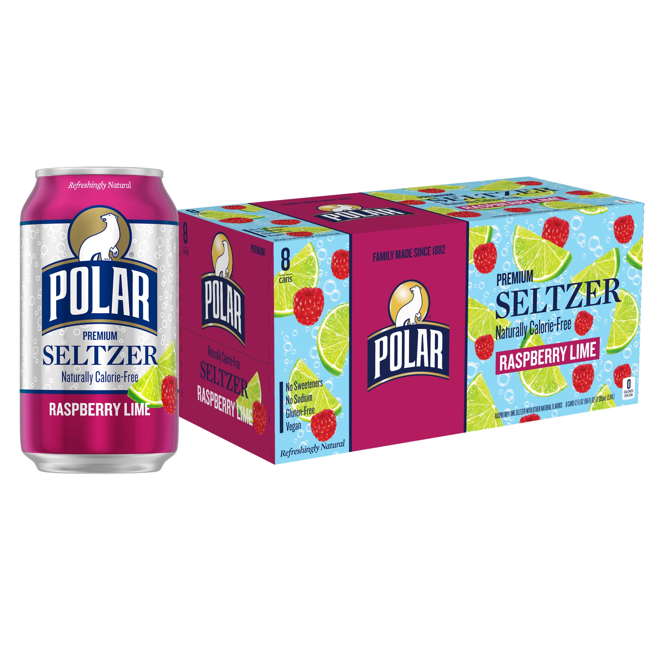 Polar Zero Calorie Raspberry Lime Sparkling Seltzer Water, 12 fl oz, 8 Pack Cans