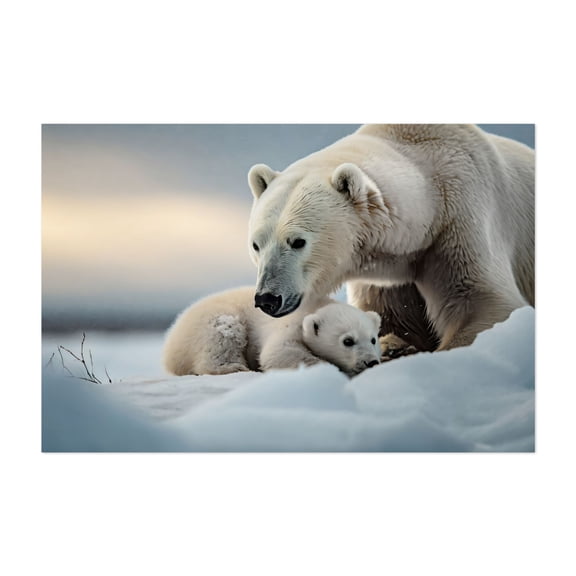 Polar bear with young - Photography Wildlife Animal Snow Winter Nature Scenic Unframed Wall Art Print 20 x 28 inches