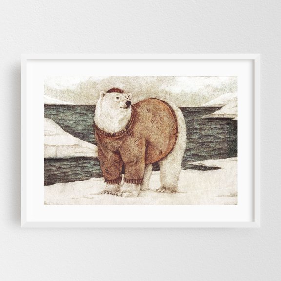 Polar sailor - Drawing Surrealism Humor Winter Whimsical Snow White Framed Wall Art Print 5 x 7 inches