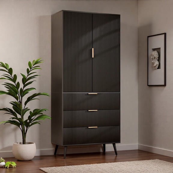 PolarcoForgeco 71" Modern Arch Cabinet, Fluted Panel Kitchen Pantry Storage Cupboard with 2 Doors & 3 Drawers, Equipped with Adjustable Shelves for Home Organization Black