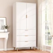 PolarcoForgeco 71" Modern Arch Cabinet, Fluted Panel Kitchen Pantry Storage Cupboard with 2 Doors & 3 Drawers, Equipped with Adjustable Shelves for Home Organization   White