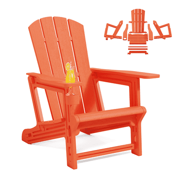 PolarcoForgeco Plastic Folding Adirondack Chair with Cup Holder, HDPE All-Weather Patio Chairs for Poolside, Backyard, Deck, Fire Pit, 400 LBS Capacity, Orange