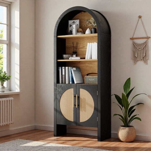 PolarcoForgeco Cabinets Arched Storage Cabinet with Rattan Doors and Shelves for Living Room Bedroom or Kitchen Pantry