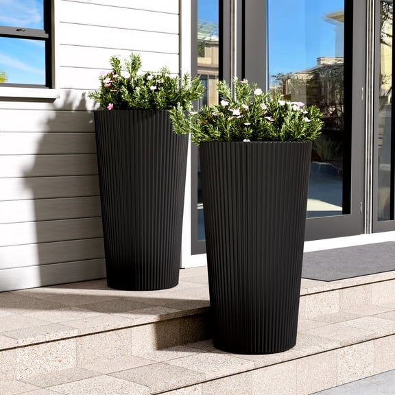 PolarcoForgeco Tall Round Planter Set of 2, 23.6 inch Tall Decorative Planter Pots for Outdoor Indoor Garden Patio Front Porch, Black