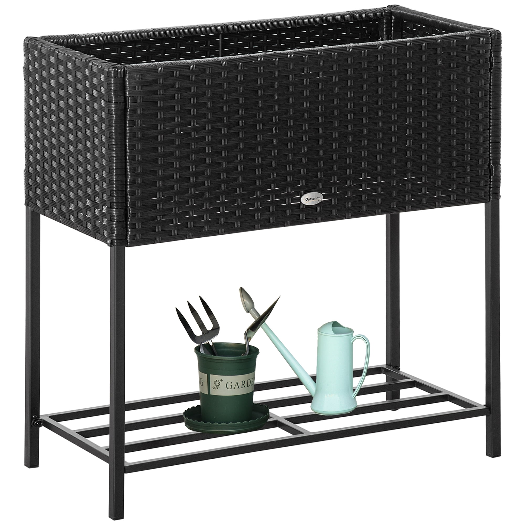 Black Rectangular Rattan Wicker Elevated Garden Bed with Tool Shelf