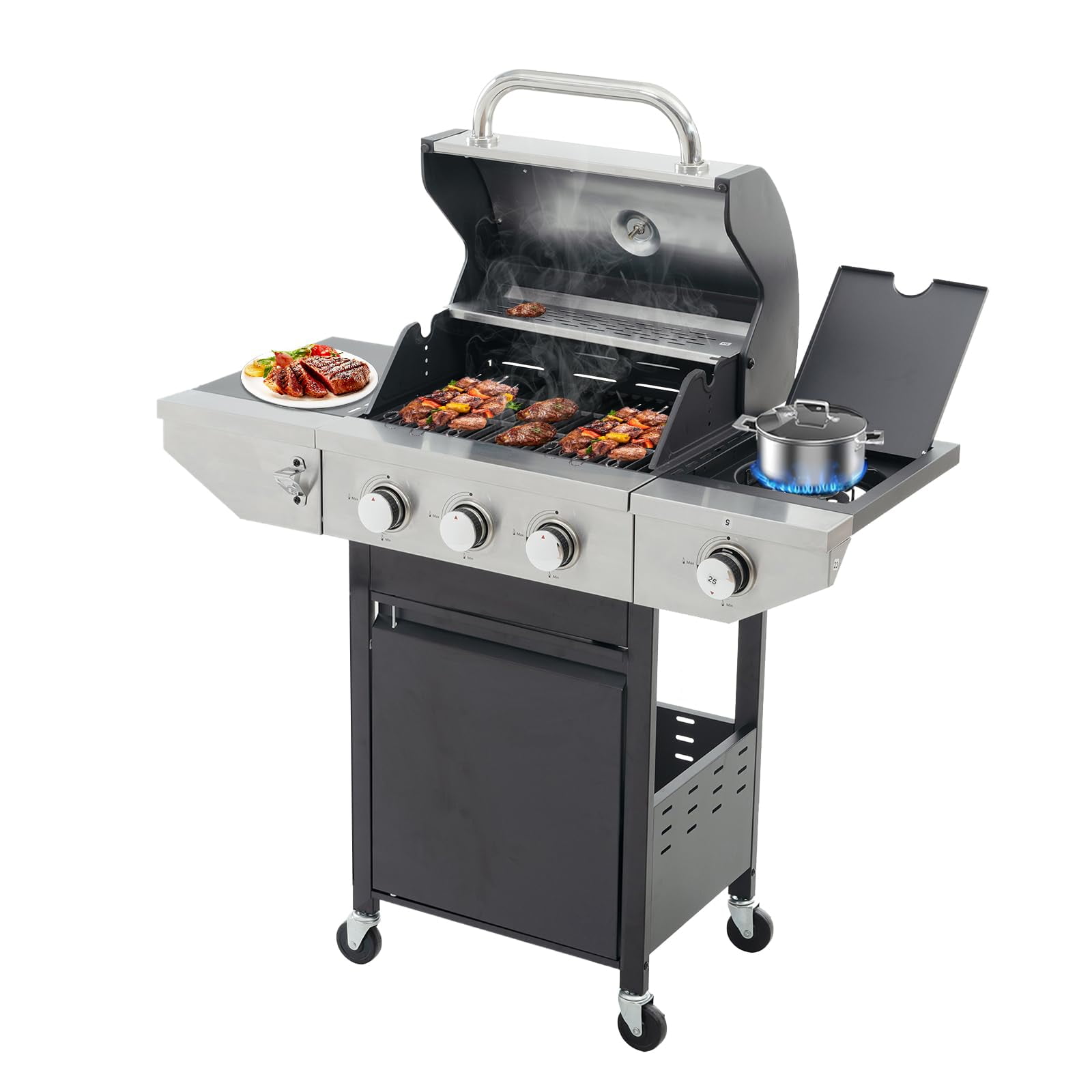 Stainless Steel 3-Burner Propane Gas Grill with Side Burner