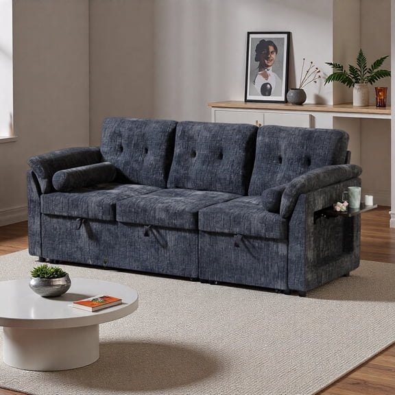 PolarcoForgeco Sectional Sofas Modern Pull Out Sofa Bed Fold Down Backrest Built In Side Table Convertible Sleeper Couch with Tufted Cushions for Living Room, Blue