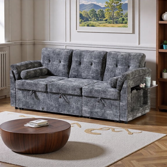 PolarcoForgeco Sectional Sofas Modern Pull Out Sofa Bed Fold Down Backrest Built In Side Table Convertible Sleeper Couch with Tufted Cushions for Living Room, Gray