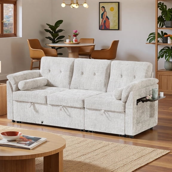 PolarcoForgeco Sectional Sofas Modern Pull Out Sofa Bed Fold Down Backrest Built In Side Table Convertible Sleeper Couch with Tufted Cushions for Living Room, White