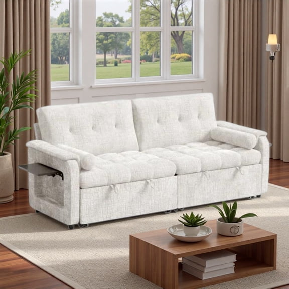 PolarcoForgeco Sectional Sofas Pull Out Sleeper Sofa Fold Down Backrest Convertible Fabric Sofa Bed Tufted Cushions Easy Assembly for Living Room,White