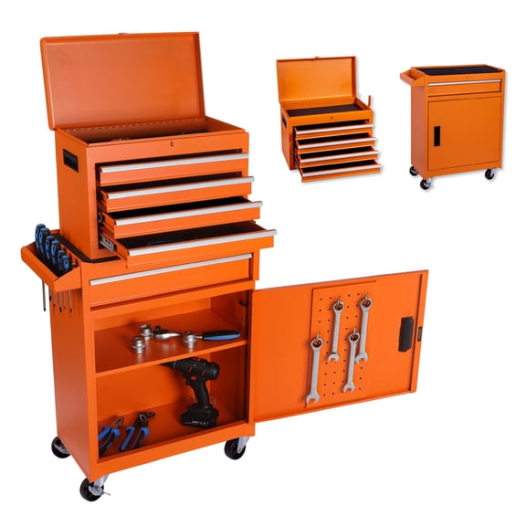 PolarcoForgeco Tool Chest Rolling Storage Cabinet with Detachable Top Liner Lockable Wheels Adjustable Shelf Locking Mechanism for Garage Workshop Use, Orange
