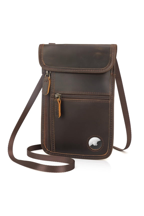 Full Grain Leather Neck Wallet RFID Blocking Passport Holder Organizer Case Travel Pouch with AirTag Slot for Men Y101