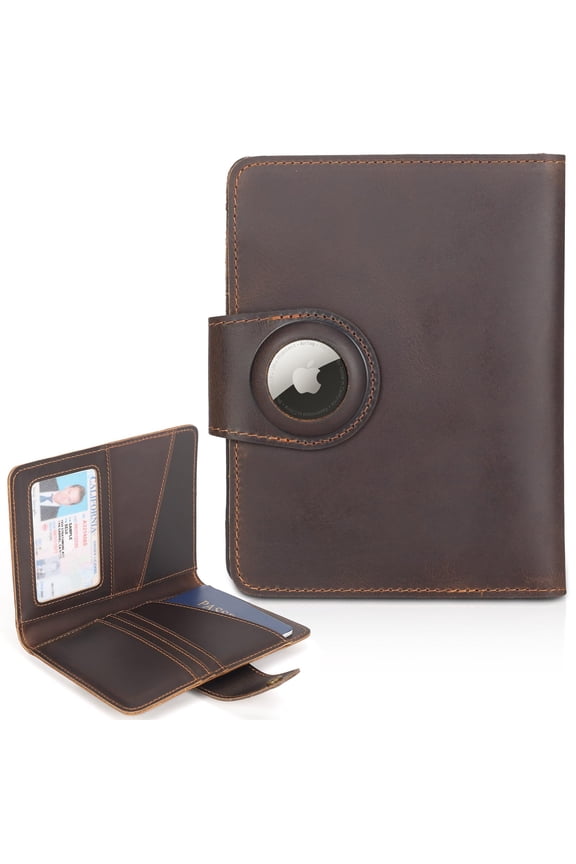 Full Grain Leather Slim and Soft RFID Blocking wallet For Men Snap Bifold Travel Wallet Passport Holders 2 Passports (Dark Brown with AirTag Slot) A101