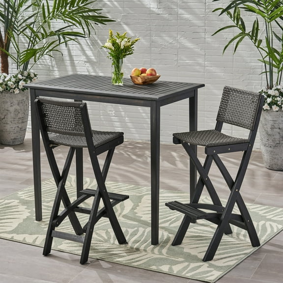 Polaris Outdoor Rectangular 3-Pc Wood and Wicker Bar Height Set Dark Gray/Brown
