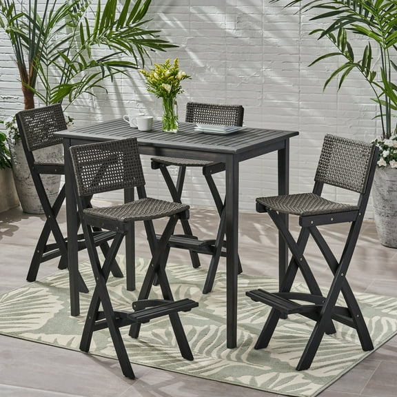 Polaris Outdoor Rectangular 5-Pc Wood and Wicker Bar Height Set Dark Gray/Brown