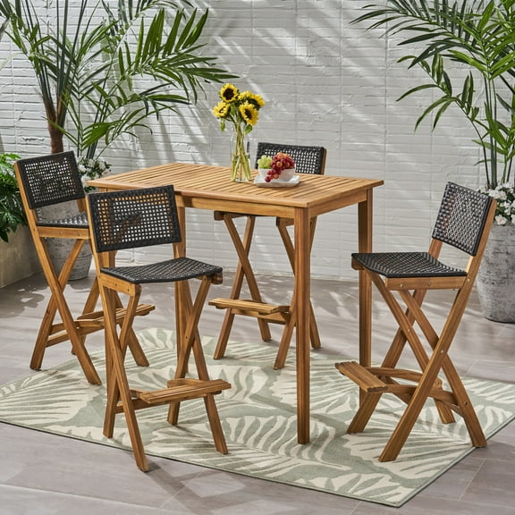 Polaris Outdoor Rectangular 5-Pc Wood and Wicker Bar Height Set Natural/Brown