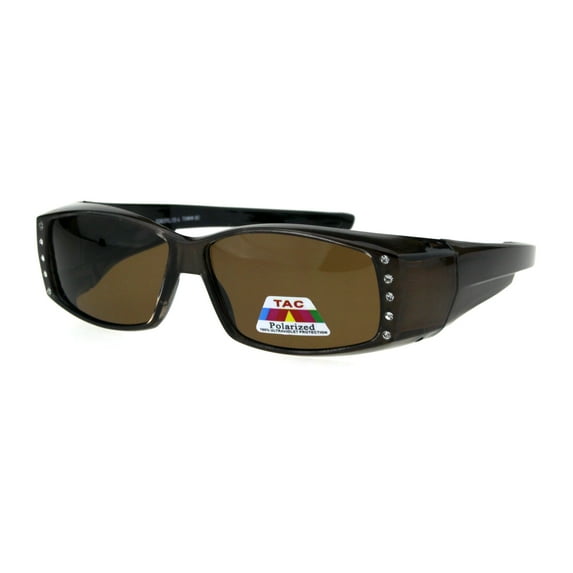 Polarized 57mm Womens Side Rhinestone Trim Narrow Rectangular Fit Over Sunglasses All Brown