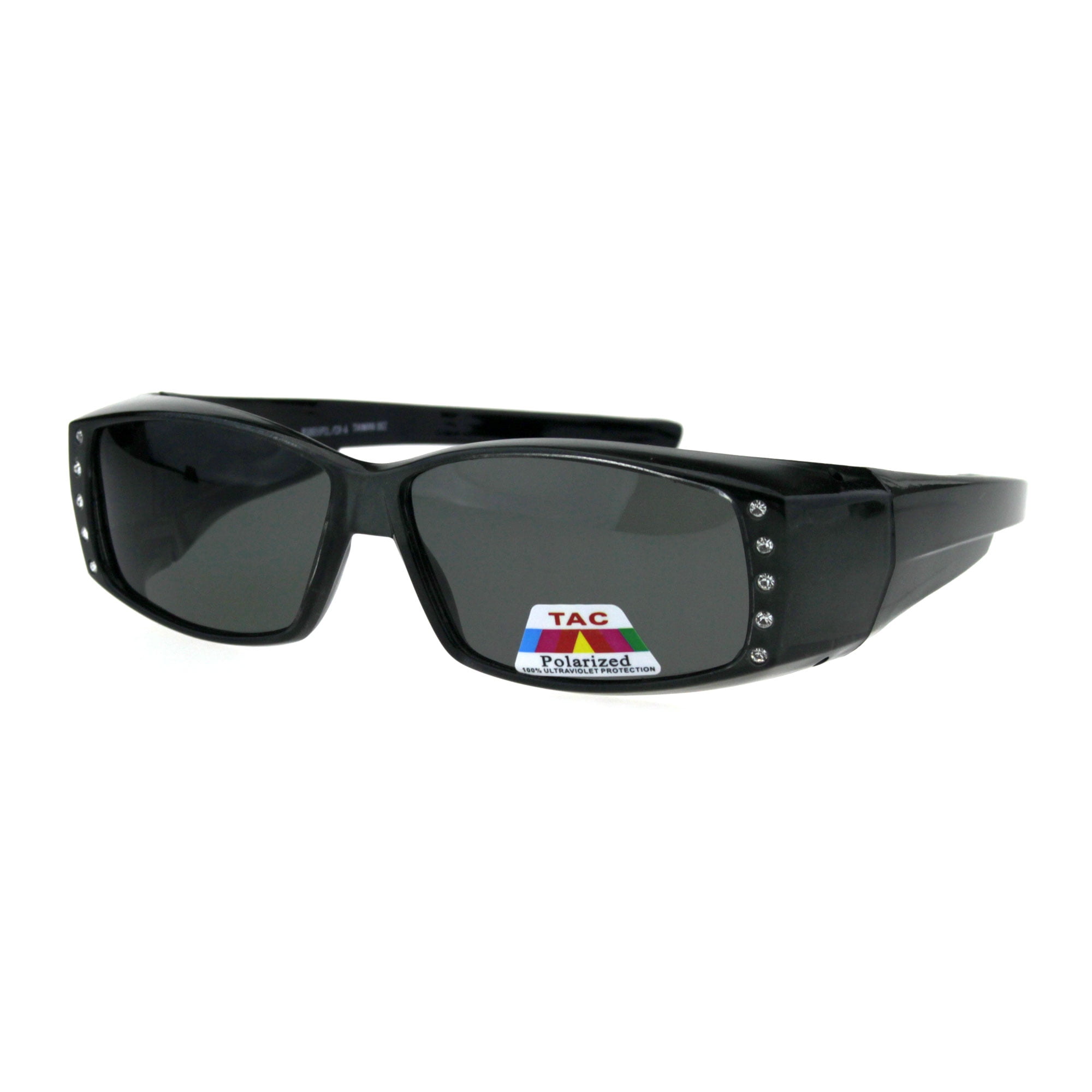 Polarized 57mm Womens Side Rhinestone Trim Narrow Rectangular Fit Over Sunglasses Grey Black
