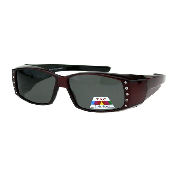 Polarized 57mm Womens Side Rhinestone Trim Narrow Rectangular Fit Over Sunglasses Red Black