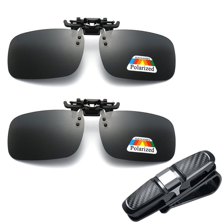 2PCS Polarized Clip on Glasses Polarized Lens Clip Glasses Clip-on Sunglasses Anti Glare Vision Polarized Clip UV400 Rimless Flip Up Anti Glare Driving Glasses + Glasses Holder for Car Sun Visor